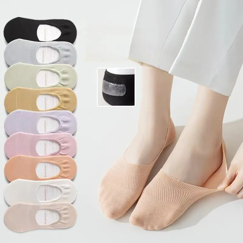 Women's No-Show Mesh Liner Socks (Invisible Socks) - 9-Pair Multicolor, Thick Silicone Non-Slip Heel Grips, Breathable Thin-Fit Cut, US 5-10 Sizes for Flats, Loafers