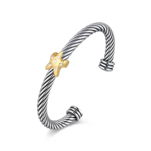 Aprilery Two-Tone Twisted Rope Cuff Bangle with Crystal - Embellished Starfish Accent, Nautical - Inspired Jewelry for Daily Wear & Beach Occasions