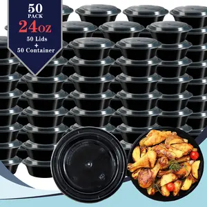 GXDOX 24oz 50Pack Black Round Meal Prep Containers With Lids, Food Storage Container, Disposable Plastic To Go Containers, Bento Box, Stackable, Leak-Proof, Microwave Safe, Dishwasher Safe, Kitchen Organizers And Storage ,Christmas Party Christmas Decor