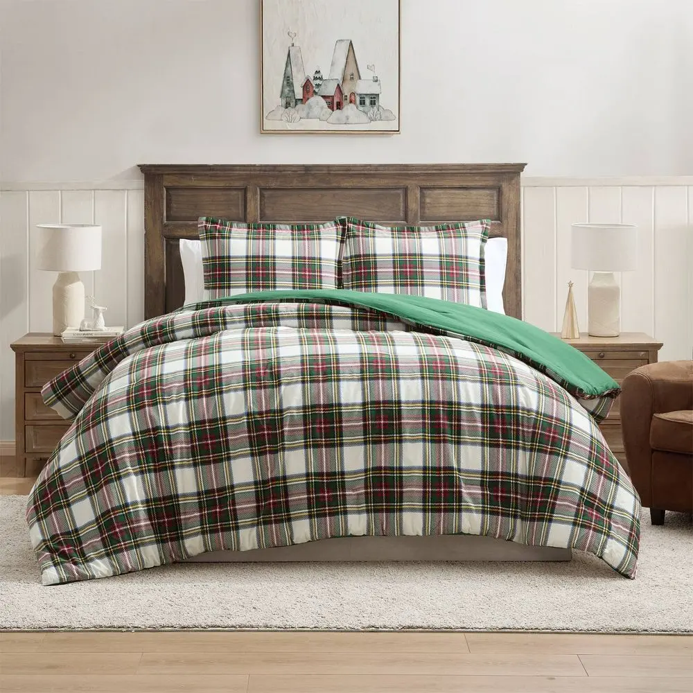 Hallmark Queen Flannel Plaid Comforter Set White