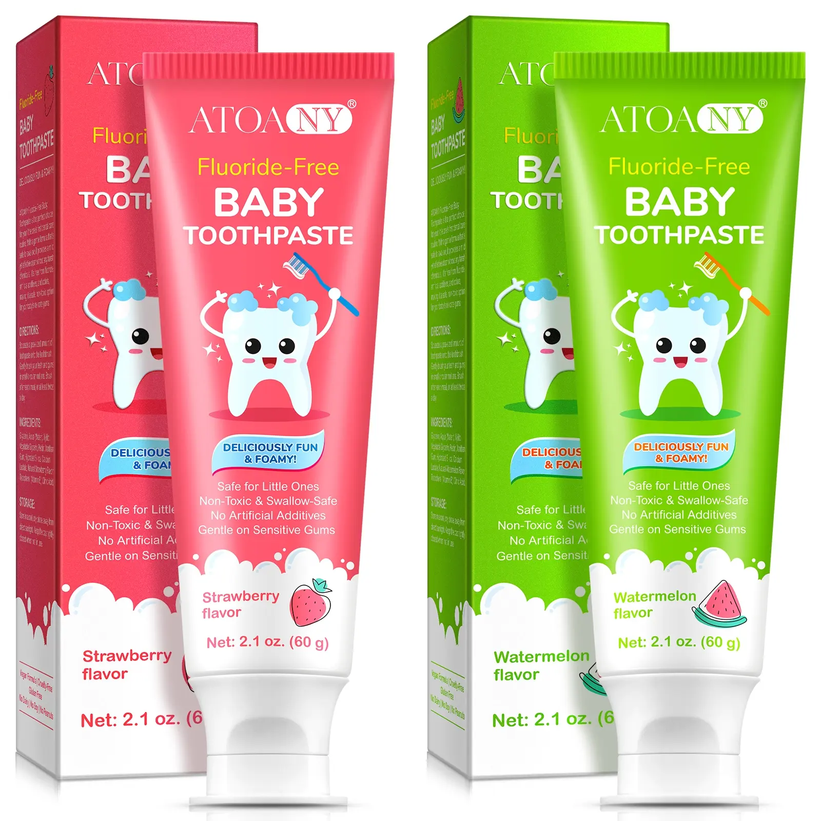 ATOANY Children's Toothpaste Set, Watermelon + Strawberry Flavor, No Fluoride, Toothpaste Without Fluoride, No Artificial Additives, Fruit Flavored Toothpaste, Xylitol Base Toothpaste, Kid Toothpaste, Children's Dental Care Toothpaste