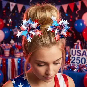 2pcs American 250th Anniversary Hair Clips, Blue Stripes, Star Raindrop Ball, Glitter Bow, Girls' Festival Party Accessories