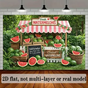 2D Flat Banner, 1pc Summer Watermelon Stall Backdrop with Pink Striped Awning & Wooden Crates - Realistic Fruit Display Suitable for Parties, Weddings, Birthdays, Harvest Theme Decorations, Markets, Photo Backgrou