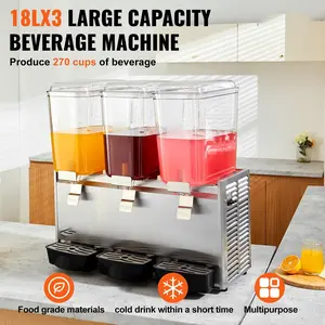 VEVOR Commercial Beverage Dispenser, 20.4 Qt 18L 3 Tanks Ice Tea Drink Machine, 680W 304 Stainless Steel Juice Dispenser with 41~53.6 Fahrenheit degrees Thermostat Controller