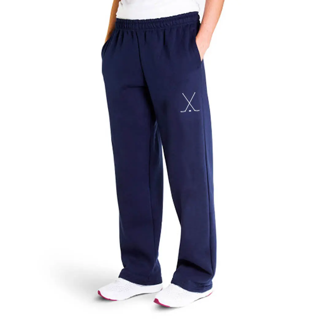 Unisex Hockey Player Sweatpants - Soft No-Pill Performance Fleece, Elastic Drawstring Waistband, Pockets, Stick Athletic Graphic, Everyday Active Sporty Sports Bottoms for Athletes, Elastic Waistband