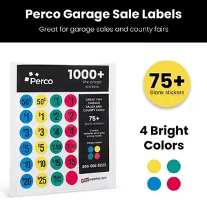 Perco Pre-Priced & Blank Garage Sale Price Stickers - 1000 Pre-Priced, 75 Blank Office Labels for Retail Use, Easy-to-Read Bold Print Office Stationery Supplies, Adhesive Labels, Self Adhesive Labels