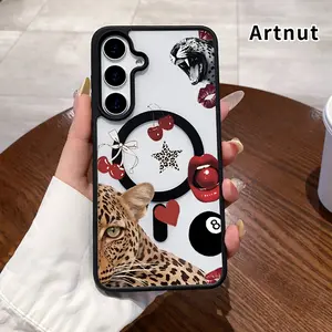 Leopard Kiss Cherry Pattern Magnetic Phone Case Compatible with Samsung Galaxy S23 Ultra S24 Plus S25 S22+ FE Non-Yellowing Clear Crystal Drop-Proof Slim Silicone Shockproof Transparent Acrylic Cover Supports Wireless Charging.