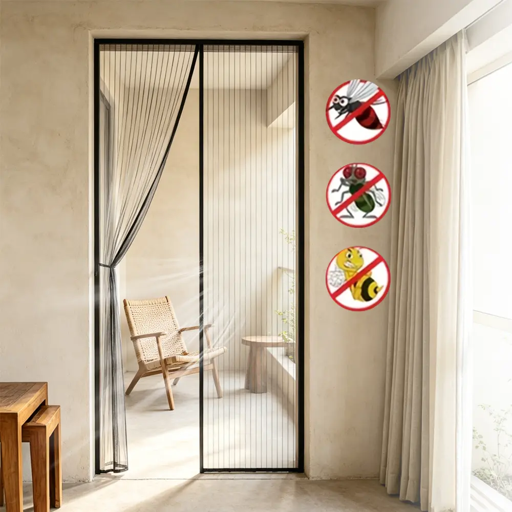 AIYYIPA Magnetic Screen Door Curtain, Black Striped Polyester Screen with Storage Buckles, Pet‑Friendly, Easy Hands‑Free Pass Through, Keep Bugs Out While Allowing Fresh Air Flow, Fit Most Standard Door Frames