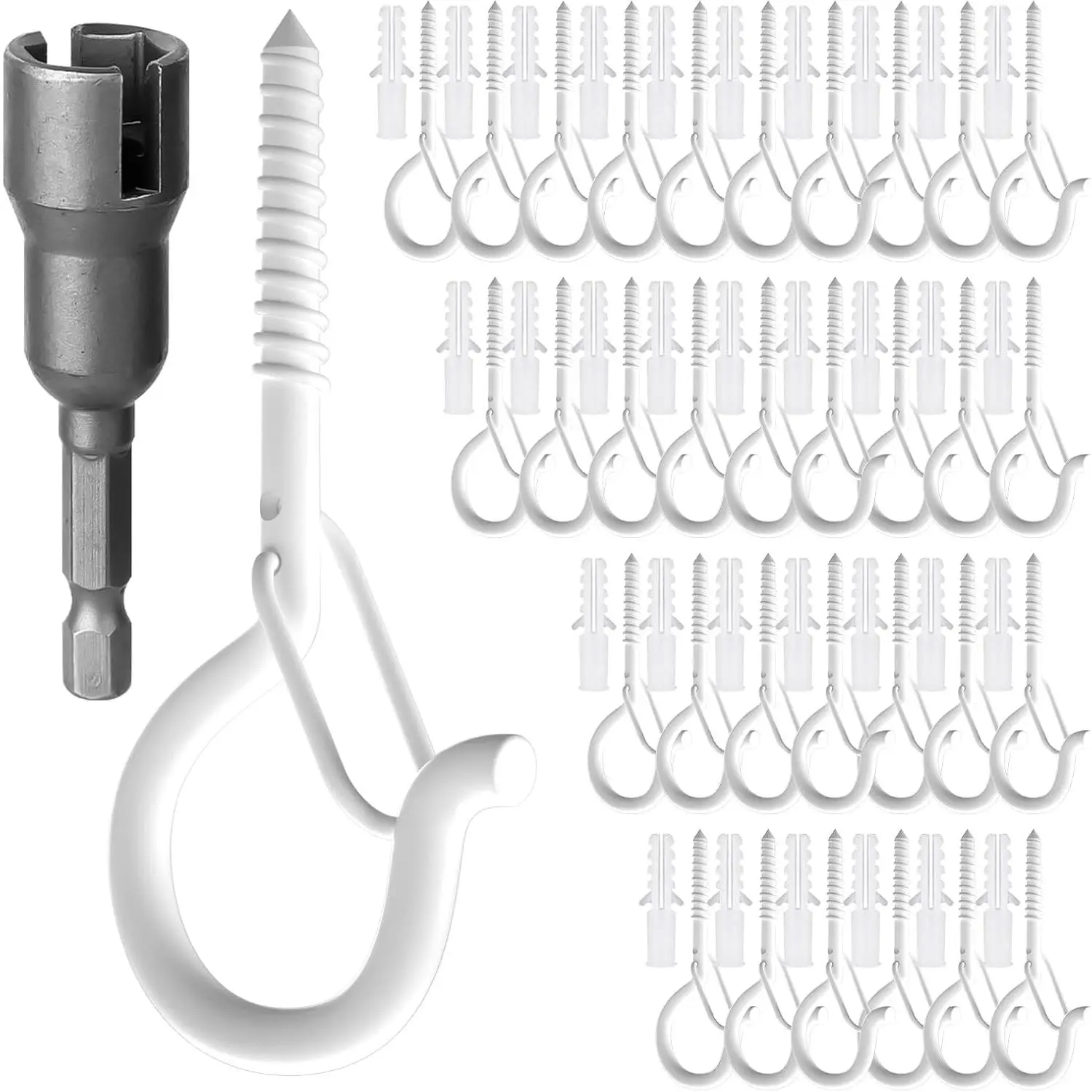 32 count Q-Hanger Hooks with Safety Buckle, Windproof Screw Hooks for  Outdoor String Lights, , Christmas Decorations, Includes Wing Nut Driver, White