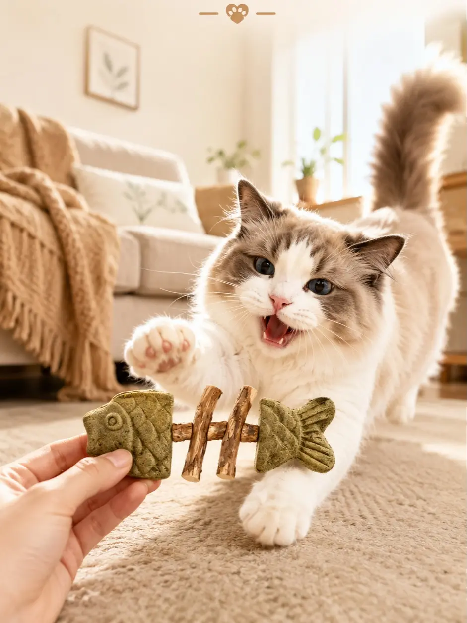 Organic Wood Fish Bone Cat Toy with Catnip & Silvervine - Interactive Dental Chew Sticks for Plaque Exfoliation, Breath Freshening, Anxiety Relief for Cats