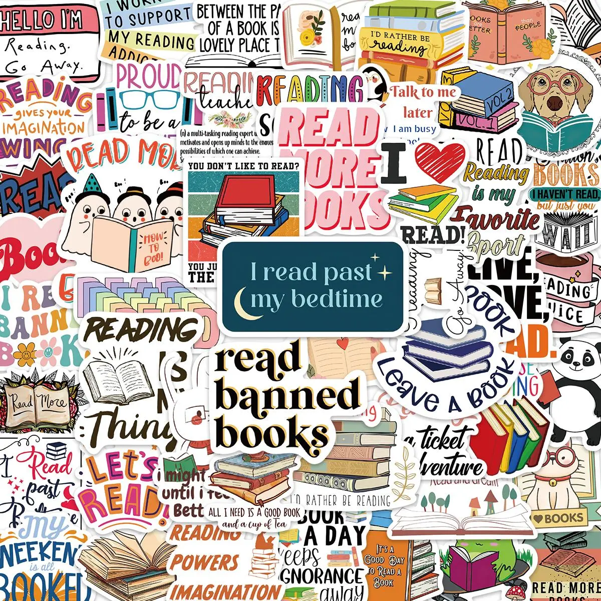 Reading Themed Sticker, 50pcs/set Cartoon Book Pattern Sticker, Room Decor, Decorative Sticker for Phone Case, Computer, Guitar, Bag, Water Cup, Scrapbook, Trending Home Decor 2024, Diy Stickers