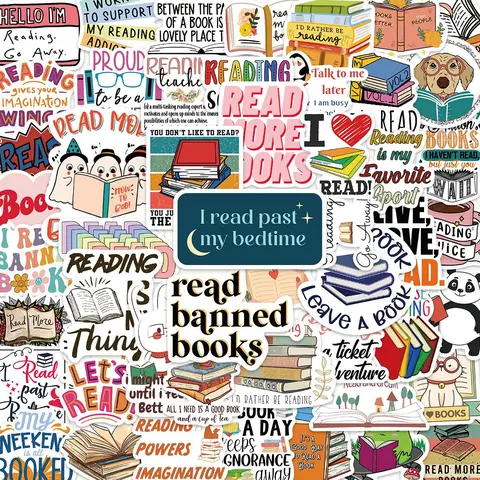 Reading Themed Sticker, 50pcs/set Cartoon Book Pattern Sticker, Room Decor, Decorative Sticker for Phone Case, Computer, Guitar, Bag, Water Cup, Scrapbook, Trending Home Decor 2024, Diy Stickers