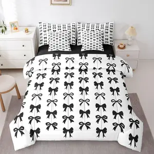 Black Bow Comforter Set with Sheets for Girls | Coquette Bow Tie Bedding Set,7 Piece for Kids Women,Black and White Ribbon Bows Bed in a Bag,Cute Preppy Bowknot Fitted Flat Sheet