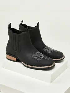 Fashion Casual Camping Denim Boots, Trend Wide Square Toe Western Cowboy Boots, Stylish Comfortable Ankle Height Shoes