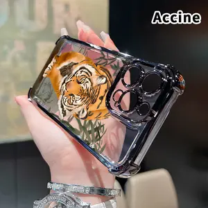 Bamboo Tiger Pattern Four Corner Anti-Fall Phone Case Transparent Electroplated Protective Cover for iPhone 16 Pro Max 15 Plus 14 13 12 11 E