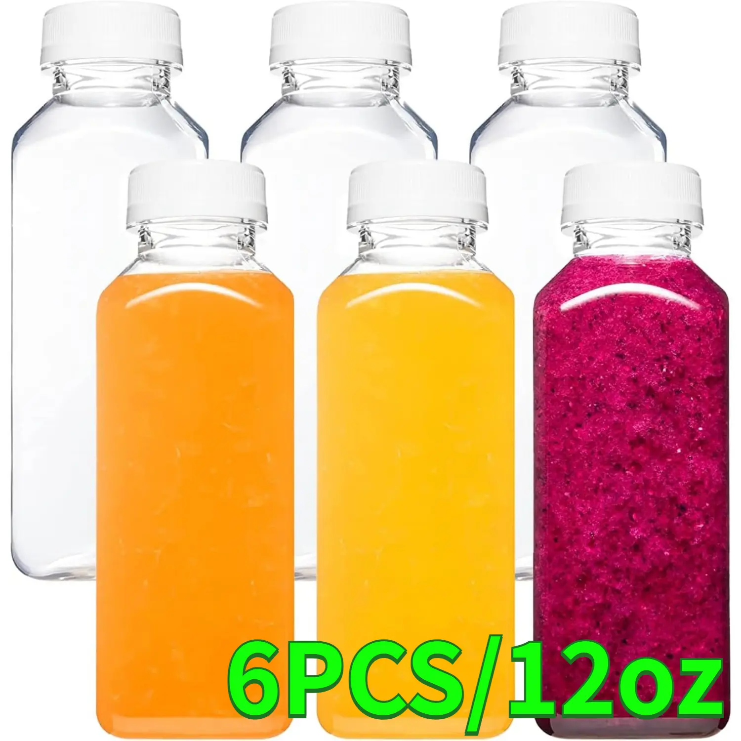6PCS 12oz Plastic Bottles with Caps, Juice Containers With Lids For Fridge, Reusable Juicing Bottles, Smoothie Bottle, Drink Containers With Lids, Clear Bottles Hand Organiser Lightweight Canister