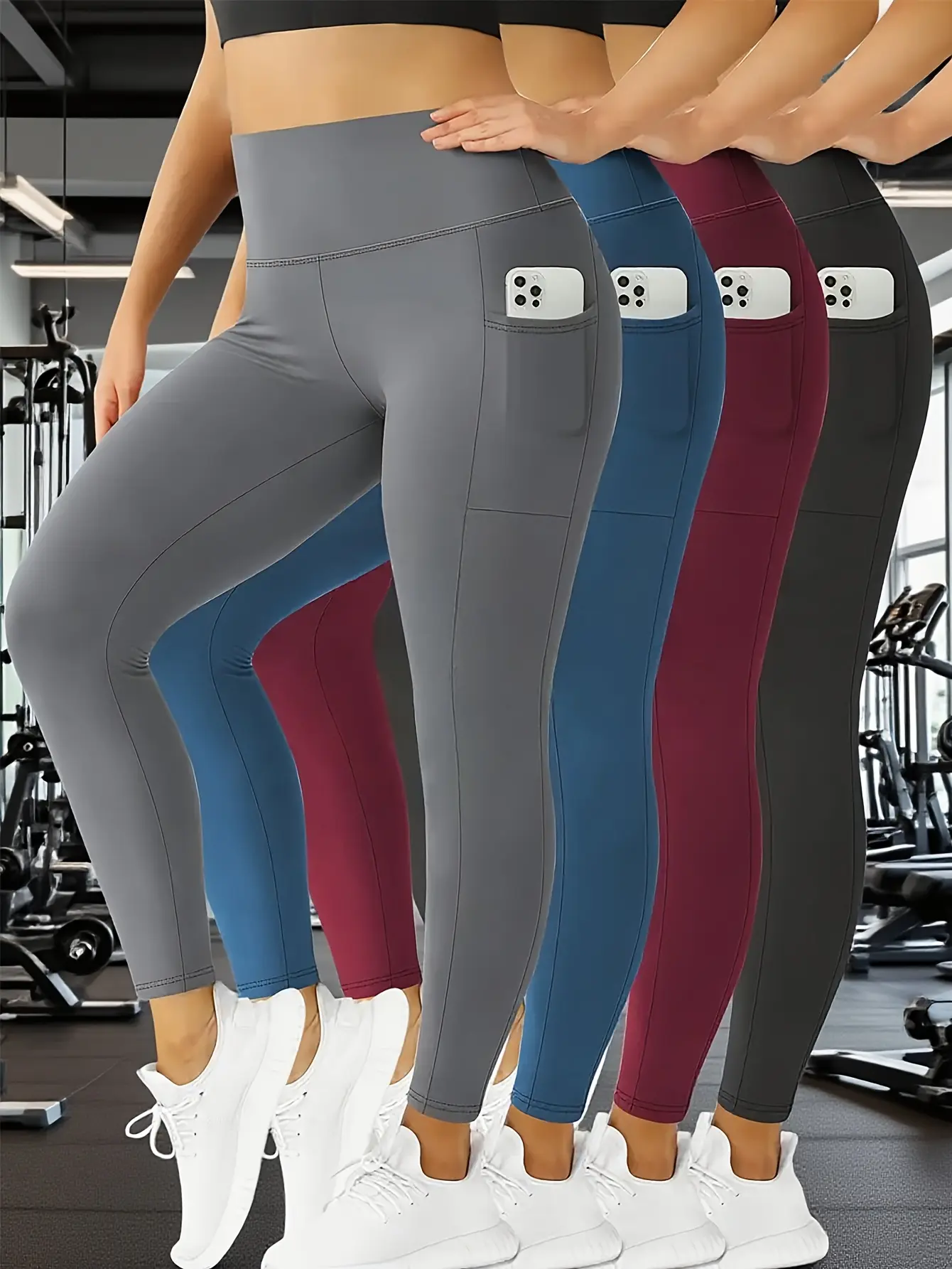 Women's 4-Piece Fleece-Lined High Waist Leggings - Tummy Control, Butt Lift, Slim Fit, Pocketed Synthetics, Body Shaping, Squat Proof, Machine Washable, Foldable, All Seasons Activewear (Black, Gray, Red) | Athletic Sportswear for Day, Fitness