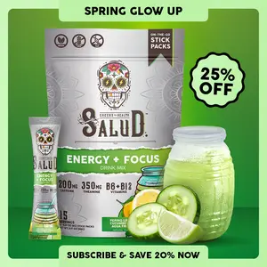 Salud 2-in-1 Energy Drink Powder + Focus, Cucumber Lime, Organic Caffeine, B6 + B12, Theanine, Clean Energy Drink Packets, Agua Fresca Mix, Non-GMO, Gluten Free, Vegan, 1g of Sugar, (15 Servings)