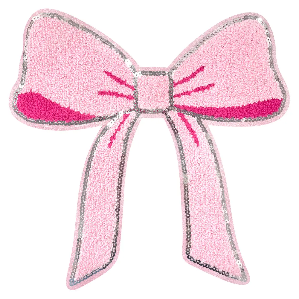 CY Iron On Patches Chenille Kawaii Pink Bow Embroidered with Sequin Applique Cute Sew On Stickers Diy Accessories for Clothing Backpacks Jackets