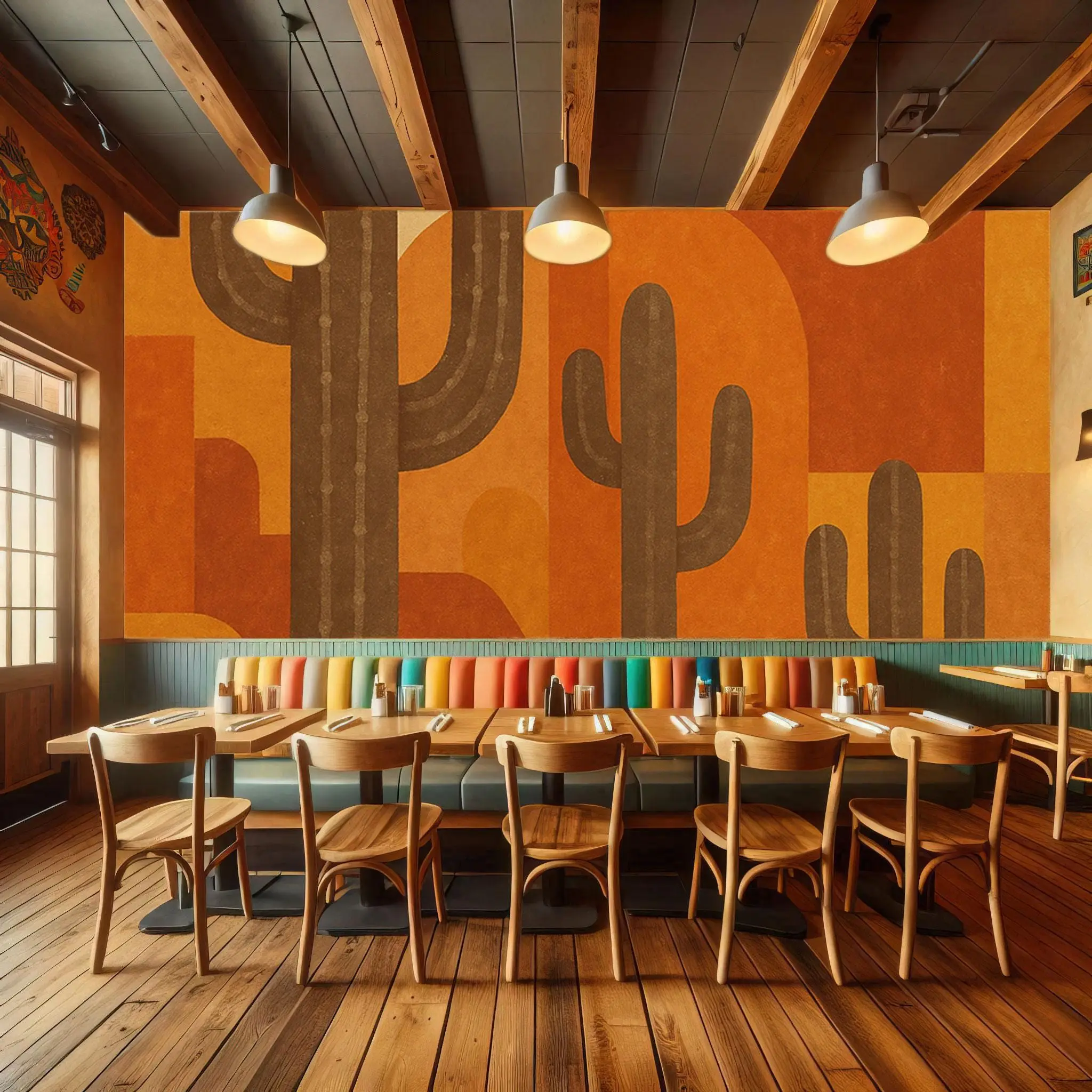 Bold Brutalist Cactus Peel and Stick Mural for Mexican Restaurants - Terracotta Wallpaper with Geometric Desert Forms, Cafeteria, Airbnb
