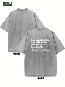 Men's Short-Sleeve Distressed Vintage-Inspired "Dear Person Behind Me" Cotton T-Shirt, Round Neck, Regular Fit, 230g/sq m Double-Sided Washed, All-Season Sports Top with Flattering Figure, Summer Casual Wear