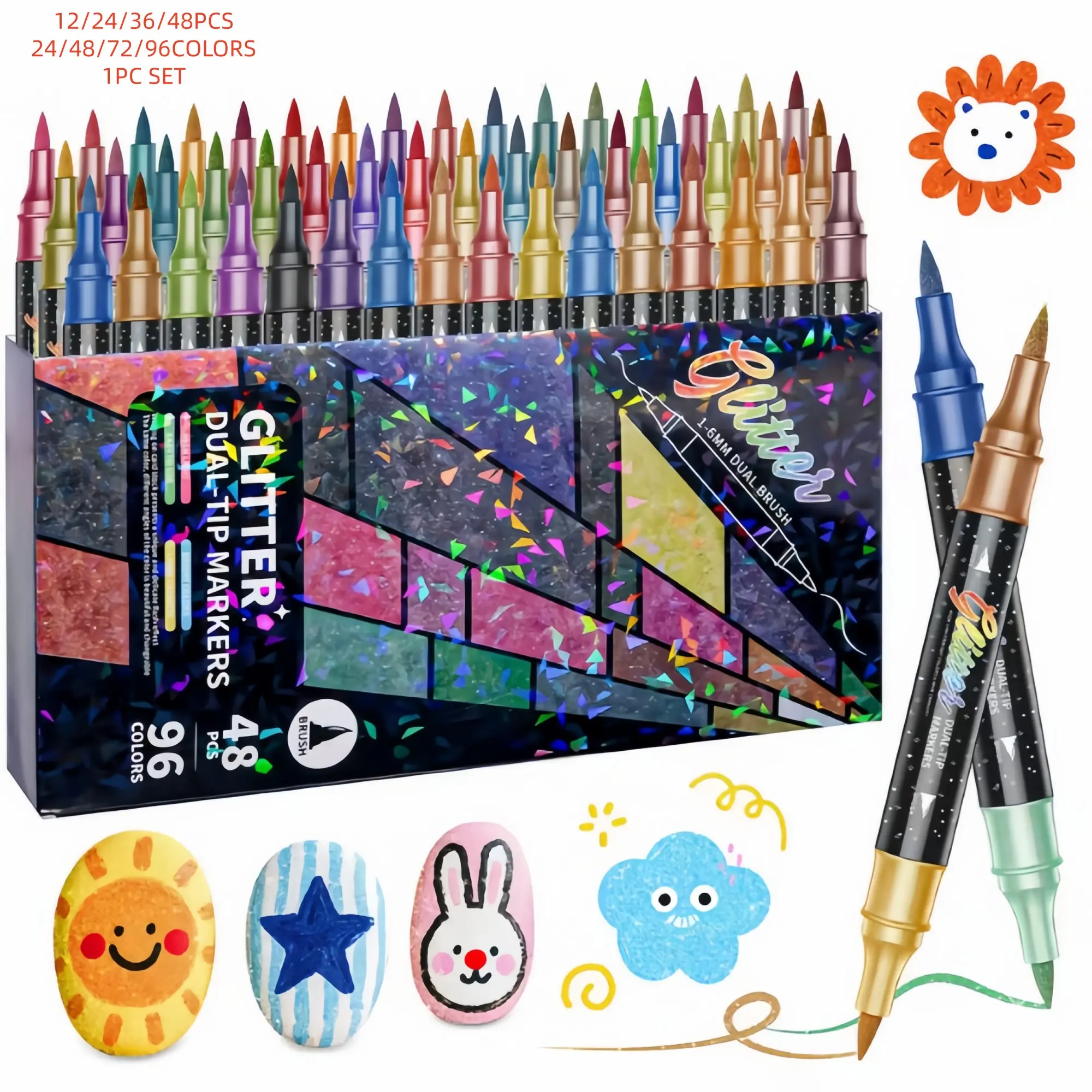 96 Color Dual-Ended Glitter Markers Set, Dual Tip Paintpens, 12/24/36/48 Pieces, Water-Based Ink, Non-Toxic, Ideal for Crafts, Coloring Books, Scrapbooking, Crafting Supplies