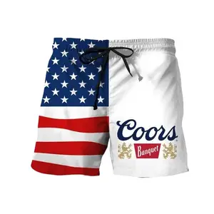 Vintage USA Flag 4th Of July Coors Banquet Hawaiian Shorts, Hawaiian Aloha Palm Leaf Print Shorts for Men – Comfortable Elastic Waist Beach, Resort & Travel Shorts