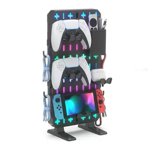 6 in 1 RGB Gaming Desk Accessories - No Drill Desk Organizer with Phone Stand/Storage Box/Headset & Controller Holder/Hooks, Freestanding Gaming Pegboard for Office &  Desktop Decor Organizer