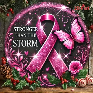 Cancer Awareness Ribbon Tin Sign 2D Flat Printing 8x8 Inches Round Metal Wall Art Stronger Than a Storm Perfect for Home Decor Garden Yard Restaurant Outdoor Decoration and Gift Idea