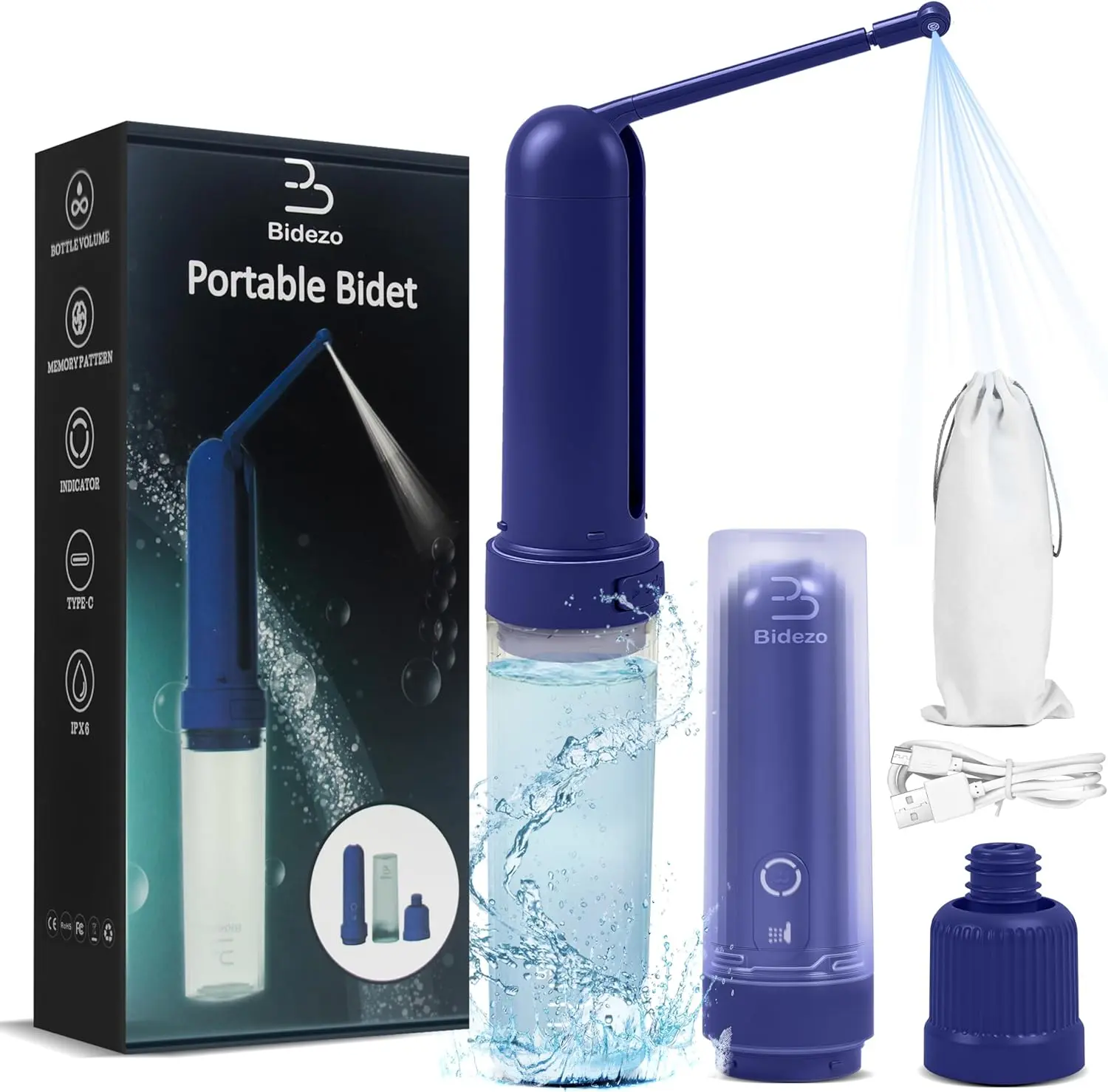 Portable Bidet for Travel with 180ml Bottle and Universal Adapter, 800mAh Battery for Upto 150 Uses on Full Charge with USB-C Cable, IPX7 Leakproof, 3 Pressure Modes Electric Travel Bidet