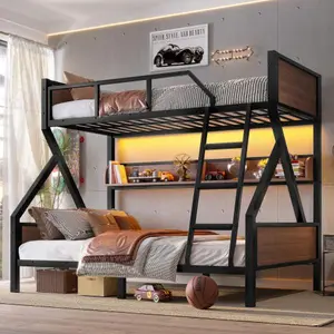 Bellemave  Bunk Bed with Storage Shelves & LED Lights, Metal Frame, Guardrails, Stairs, Headboards, Space-saving & Noise-free Design, Black