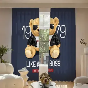 Polo Bear Print Curtains Set, Window Curtain, Home Decoration Curtain, Blackout & Sunshade Polyester Fabric, Ideal for Kitchen Bedroom Office Living Room Decor, No Rod Included