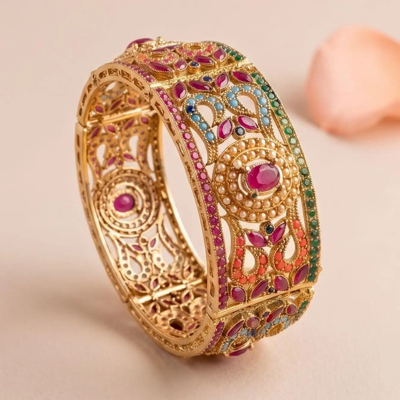 Nauratan Single Bangle, Antique Gold Plated Pakistani, Indian Wedding Jewelry, Size 2.6, 2.8, & 2.10