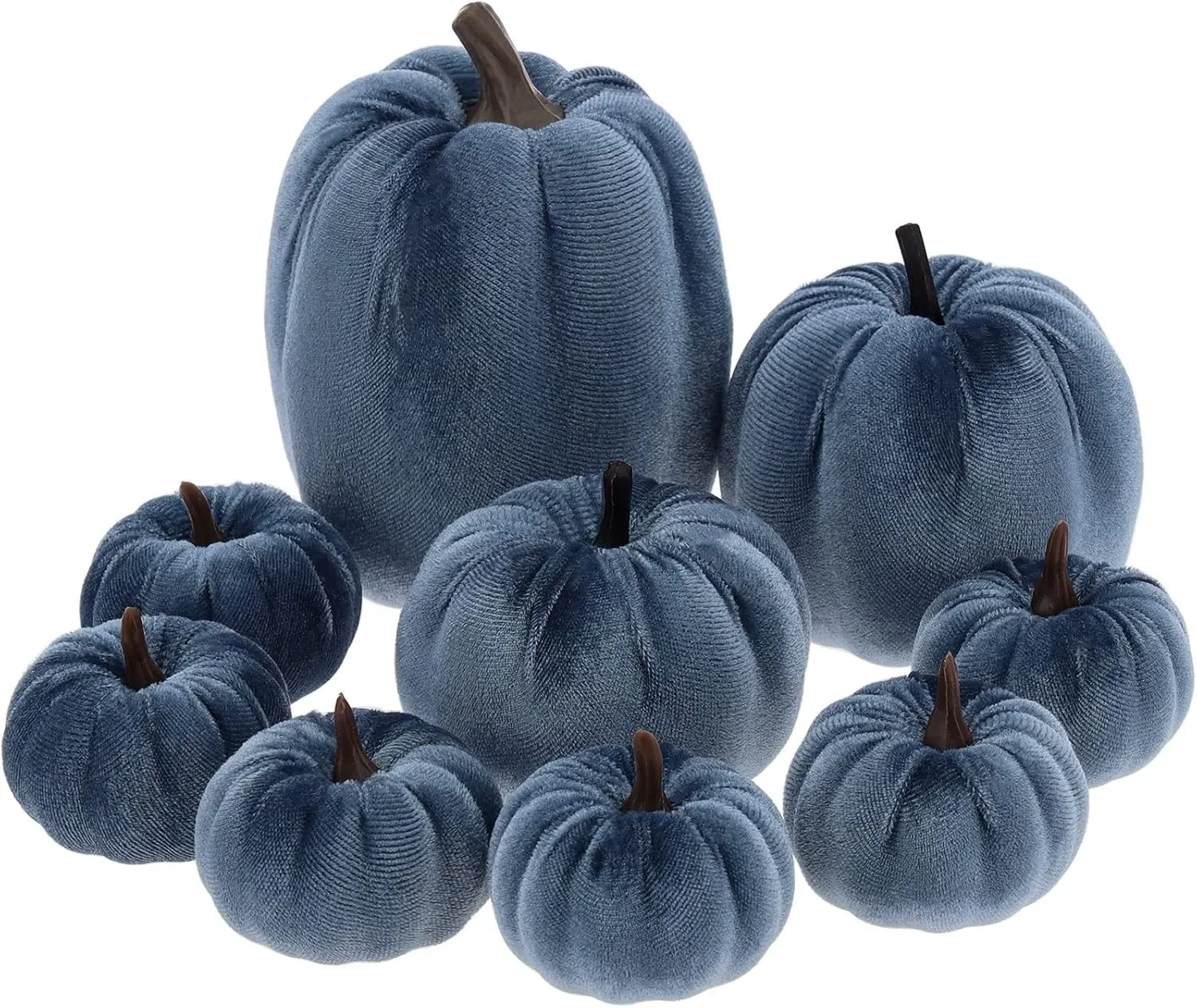 Faux Blue Velvet Pumpkin Artificial Fall Foam Pumpkin Decor 9 Pcs | Handmade Small Fabric Pumpkin Assorted Size for Thanksgiving Halloween Farmhouse Table Centerpiece Autumn Home Decor