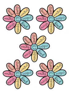 Set of 5 Colorful Flower Badges with Positive Quotes – "Strong", "Loved", "Enough", "Unique" – Motivational Gifts for Friends