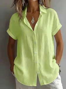 Women's Elegant Collared Shirt, Loose Fit Short Sleeve Button Front, Slimming Top, Casual Office Wear, Summer Comfortable Style