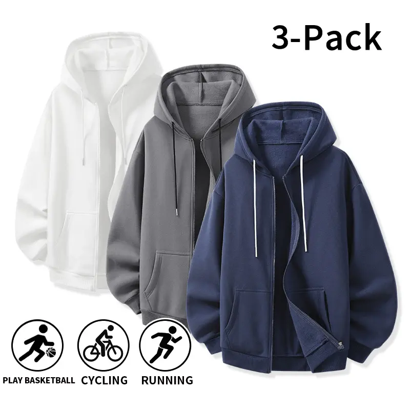 Men’s 3-Pack Full-Zip Hoodies - Soft Fleece, Long Sleeves, Drawstring Hood, Kangaroo Pockets, Loose Baggy Fit, Plain Stylish Casual Menswear Sweatshirts - Dark Gray, White, Navy Athletic Tops for Workouts, Everyday Streetwear