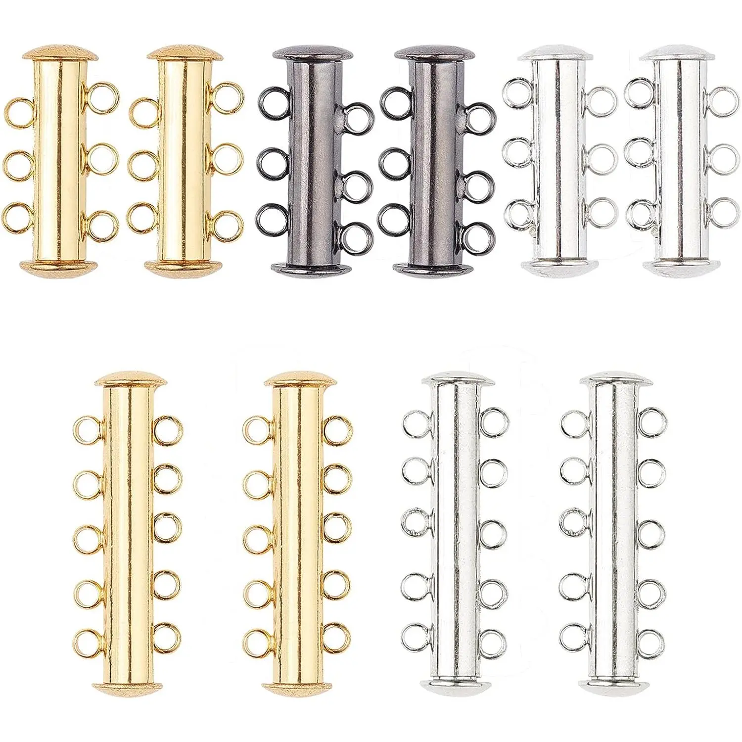 10 Sets Slide Clasp Lock, Multi Strand Slide  Tube Clasps Bracelet Necklace Connectors Layering Clasp for Layered Necklace Bracelet Making (3 Strands & 5 Strands)