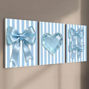 3-count wooden frame canvas, fresh blue and white striped heart-shaped bow decorative poster, modern family poster, fashionable living room decoration art, suitable for corridor, office, room and bedroom decoration, waterproof printing