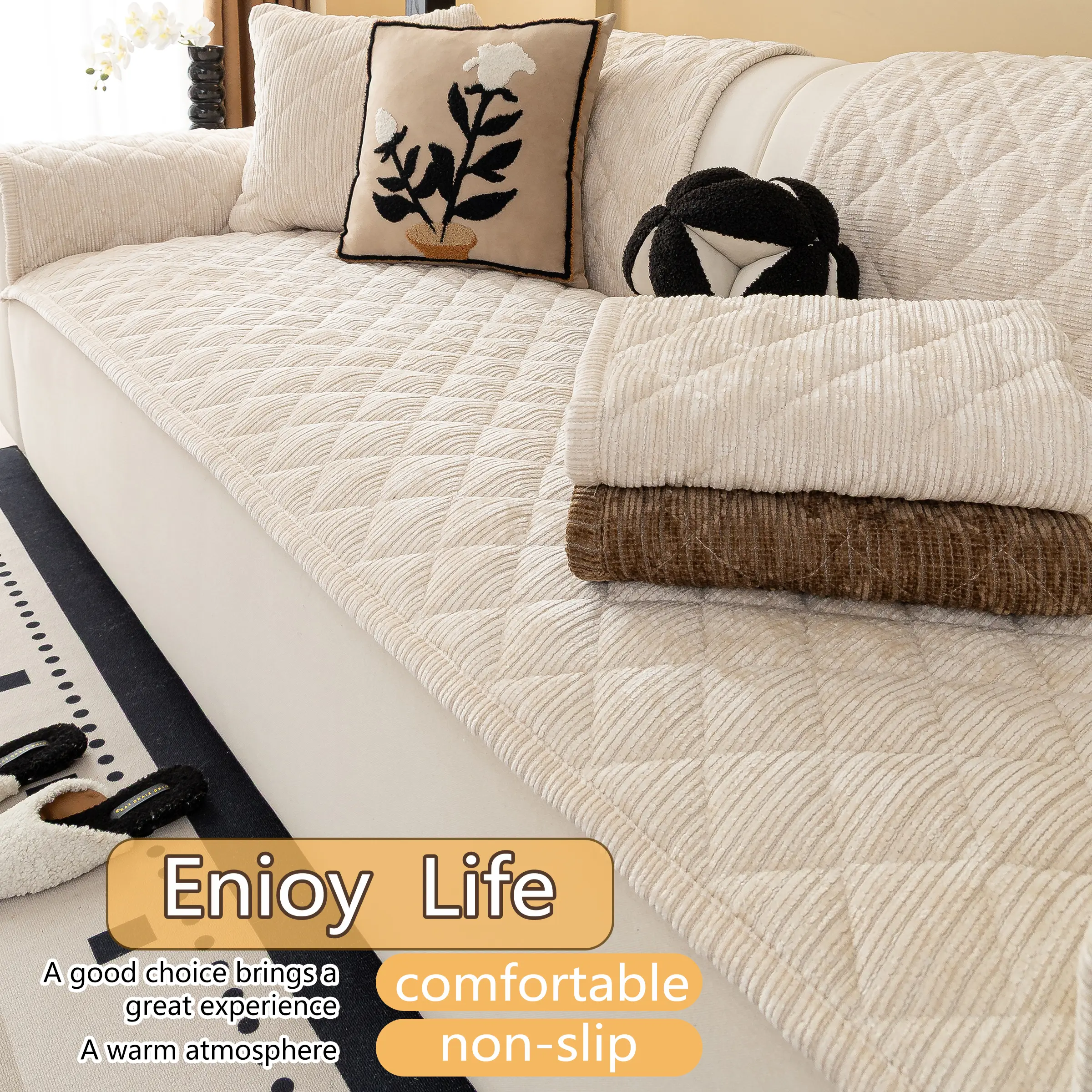 Autumn Winter Warm Thick Plush Sofa Cushion, Durable Cushions, Quilted Non-Slip Knitted Cover, Pet Friendly, Fits 1-4 Seater Sofas