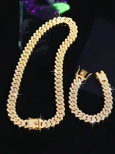2-Piece Set Rhinestone Cuban Chain Necklace Bracelet Set, Unisex Street Party Jewelry, Bold Design for Men and Women