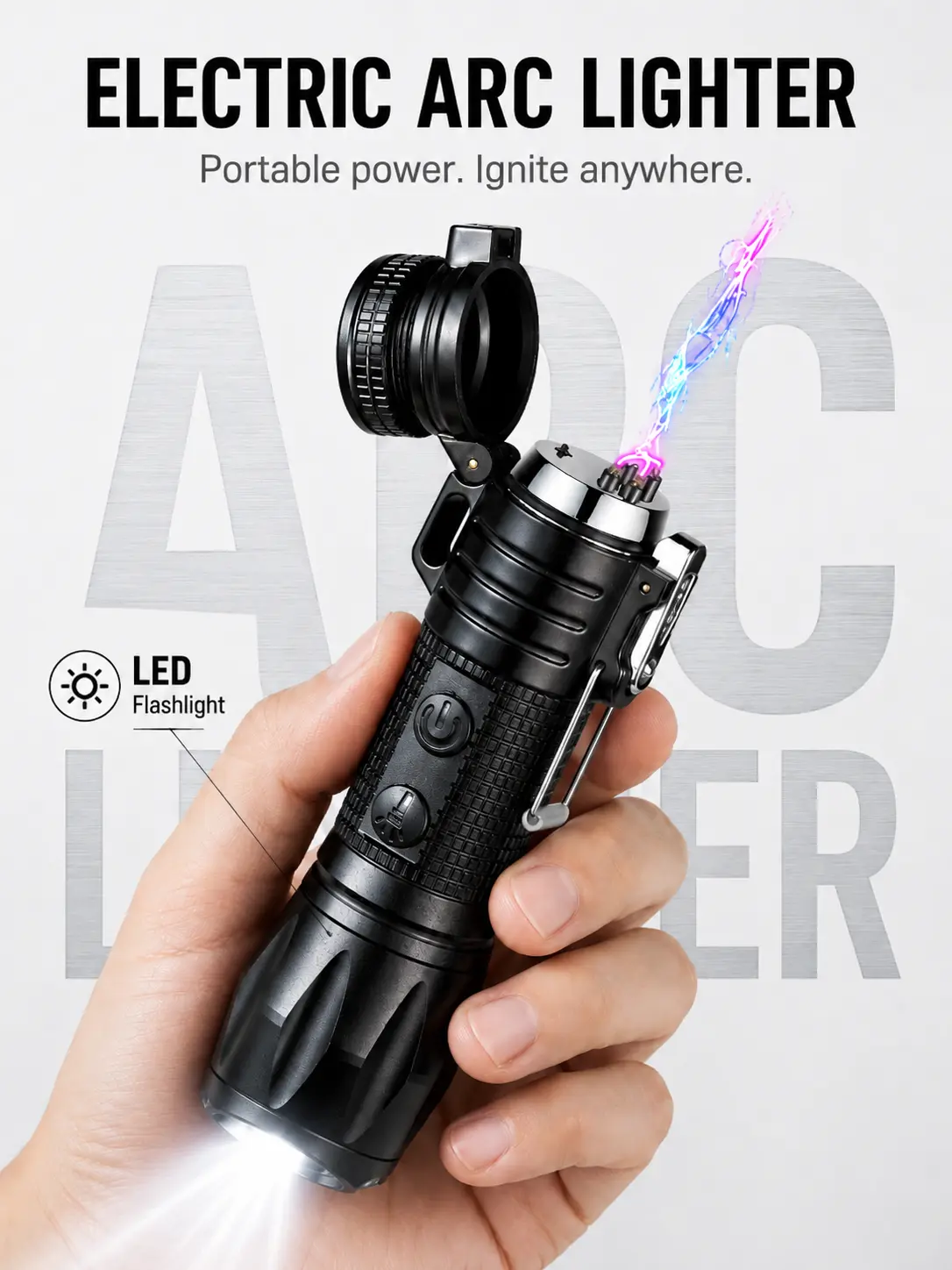 Compact USB Rechargeable Flameless Dual-Arc Lighter with Handheld Grip, Built-in LED Flashlight Torches, EDC Flashlight Torches & USB Port, Portable Utility Outdoor Tool for Camping, Power Outage Emergencies