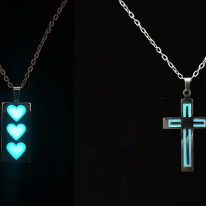316L Stainless Steel Luminous Glow In the Dark Pendant Necklace - 24" (Heart, Cross)