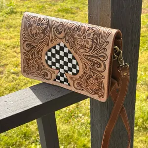 Leather Pocketbook with Checkered Spade Design - Brown Color, Floral Embroidery, and Gold Hardware