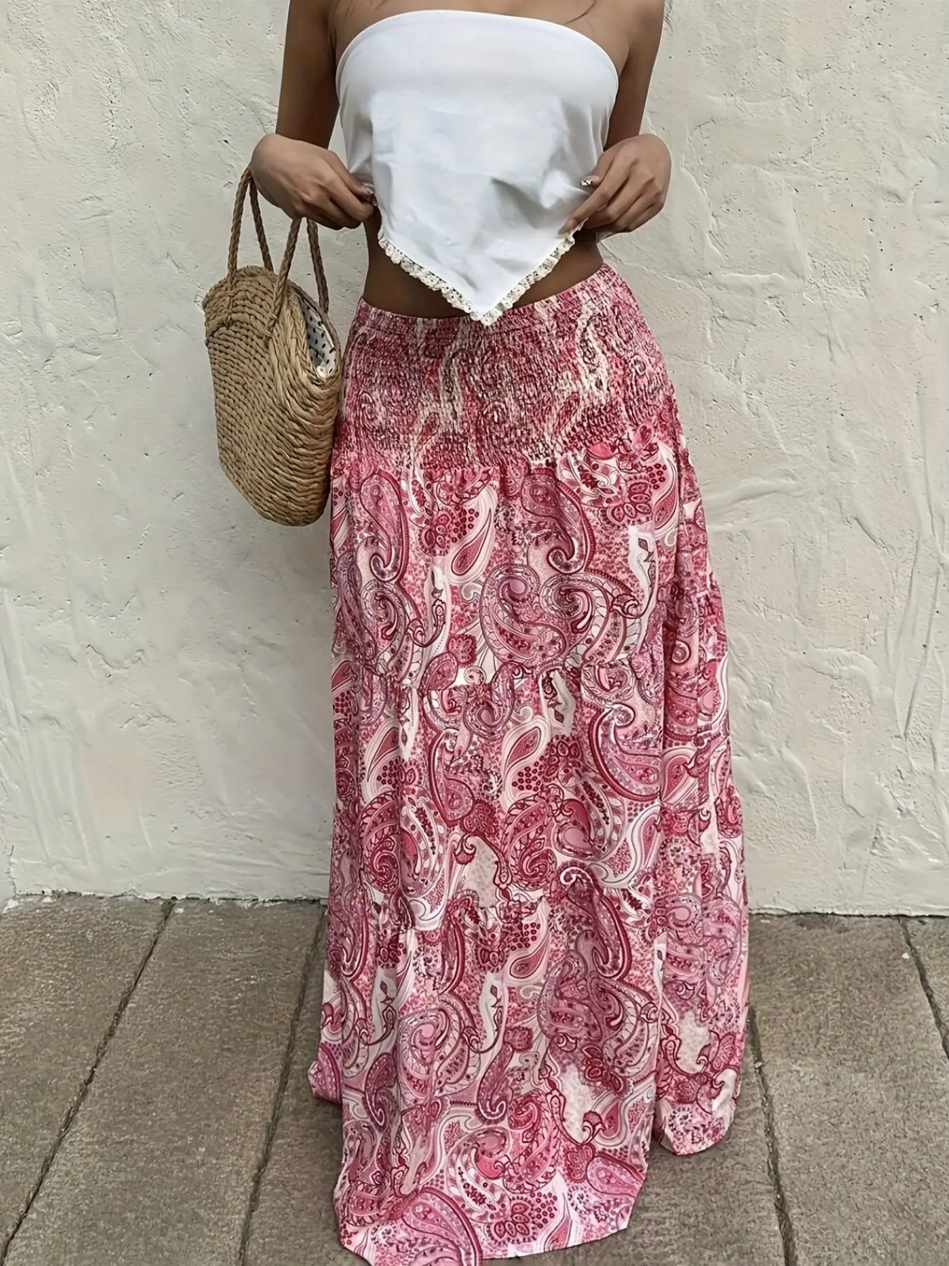 Women's Bohemian Boho Print Drawstring Waist Adjustable Fit Long Dress Skirt, Perfect for Vacation, Casual and Everyday Wear, Spring Summer Fashion Elegant Elegance, Womenswear