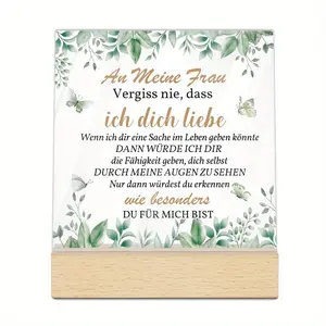 German Acrylic Sign with Wooden Base, Paulownia Decorative Plaque, Home Decoration, Best Gift, an Meine Frau Vergiss Nie