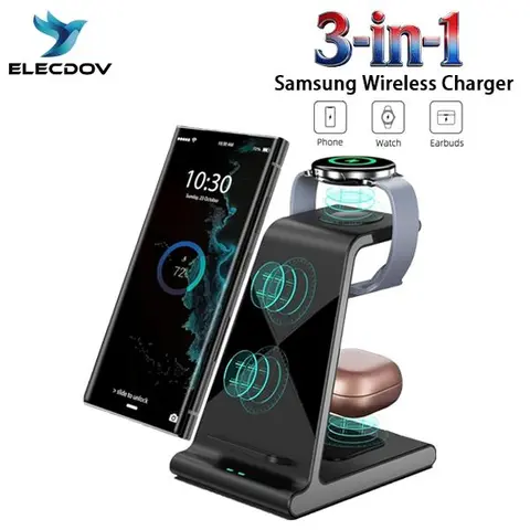 ELECDOV D2 3-in-1 QC3.0 Fast Charging Samsung Wireless Charger - Cooling Heat Dissipation, LED Light, Sleep-Safe LED Indicator - Compatible with Galaxy S24/S23 Ultra, Z Flip5/Fold5, Buds, Watch 6/5 Pro/4/3