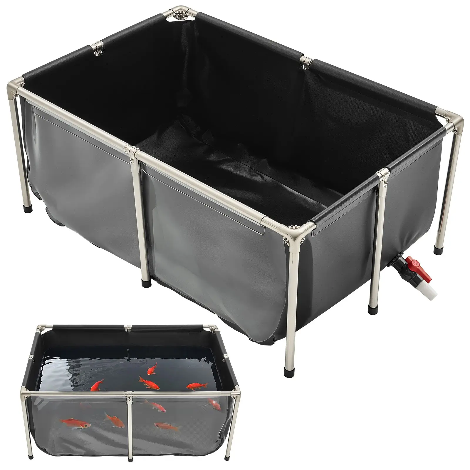 【Summerfinds】VEVOR Canvas Fish Pond, 126.8 Gal Above Ground Fish Pond, PVC Koi Tank with Clear Viewing Panel, Rectangular Goldfish Tank with Stainless Steel Frame & Drain Valve, for Breeding Koi, Irrigation(Black) Water Tank Wall Fish Tank