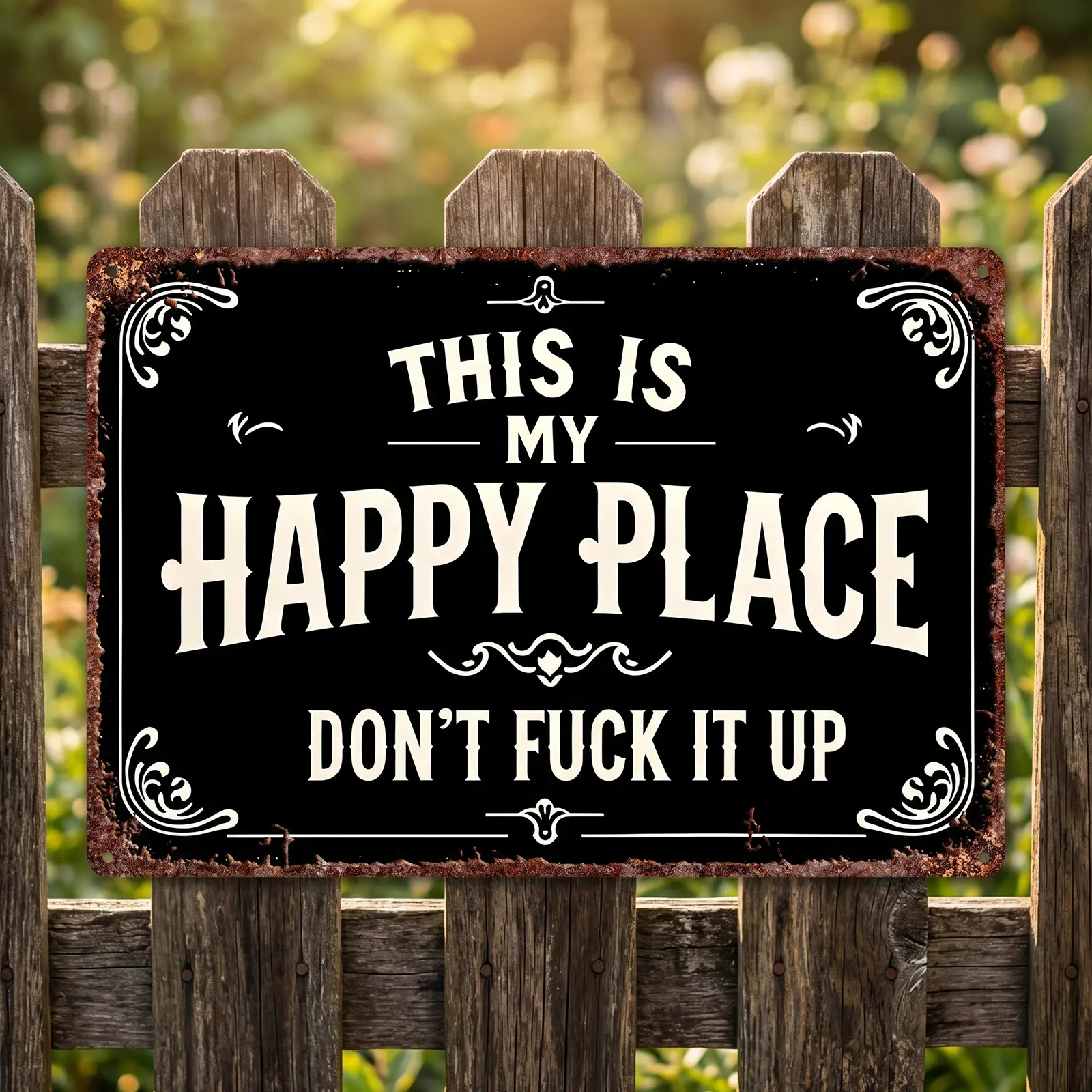 Vintage Retro Aluminum Tin Metal Sign - Funky Casual Wall Art Wardrobe Accent, "This Is My Happy Place Don't F*ck It Up" Plaque, Gifts for Him Hanging Jackie Gift for Husband Home Decor