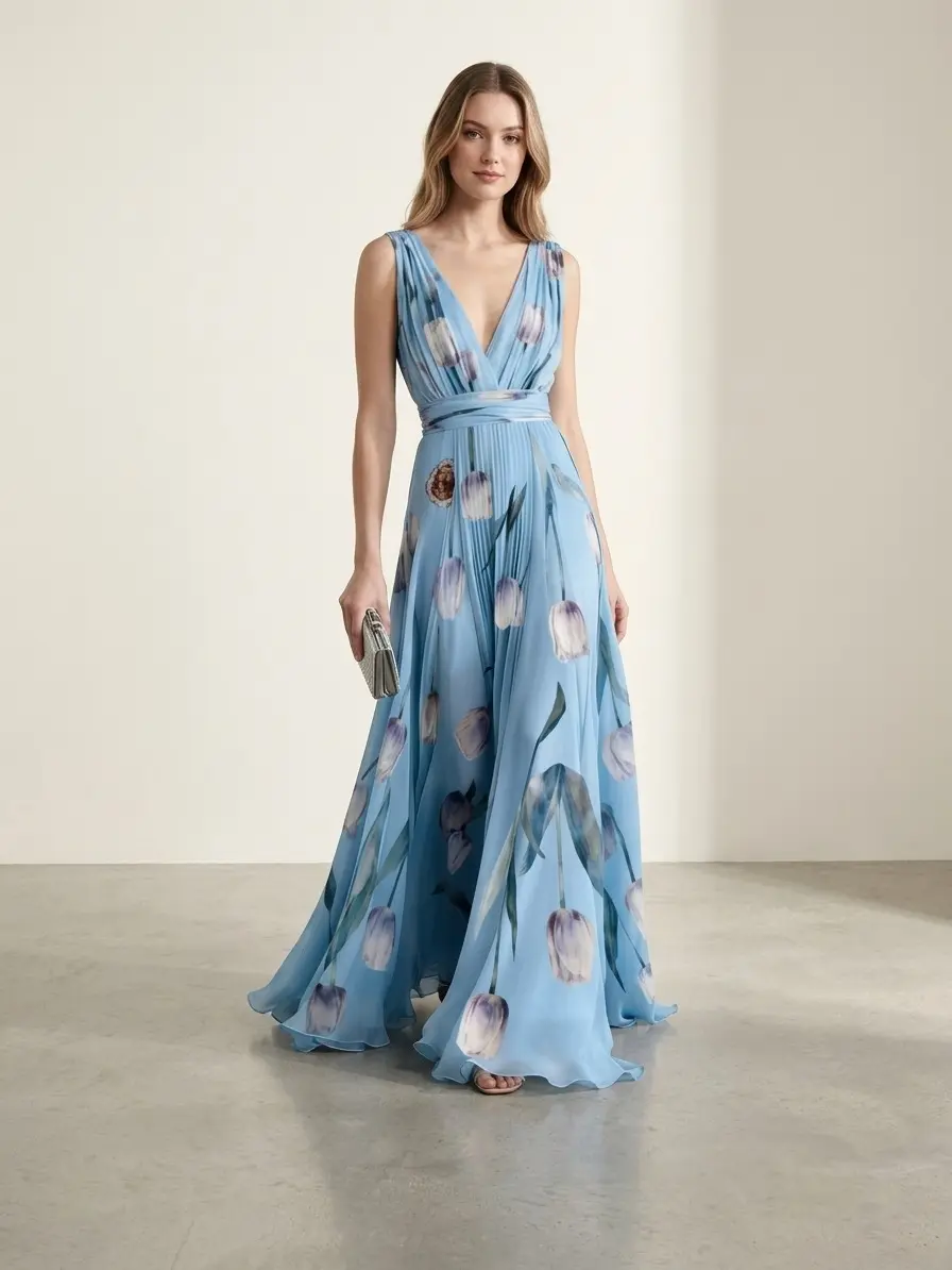 2026 Spring US Elegant Floral Print Polyester Maxi Dress Women Sleeveless Deep V Neck Mid Waist Ultra Big Flowy Swing Long Gown Wedding Guest Evening Cocktail Party Date Formal Outfit S-XXL, Machine Wash, Dress For Wedding Guest, Lady